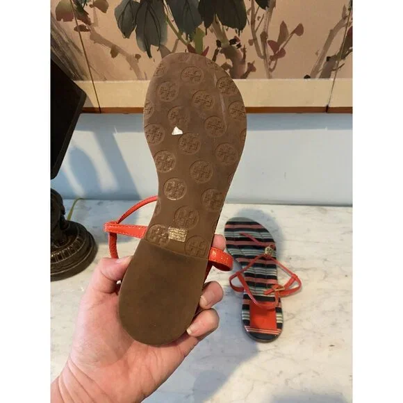 Tory Burch Shoes Womens Size 7 Striped Orange Thong Sandals Logo Flat Summer - Picture 6 of 6